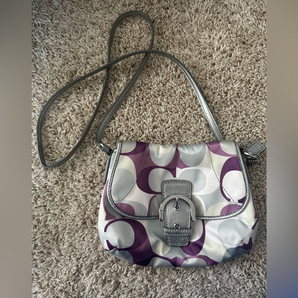 Purple, silver and beige coach crossbody purse